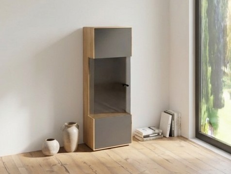 moderne braun graue Vitrine stilvoll dekoriert in einem modernen Zimmer