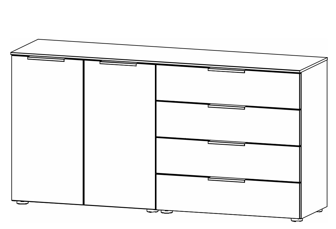 Illustration einer Kommode mit vier Schubladen und zwei Drehtüren vor weißem Hintergrund