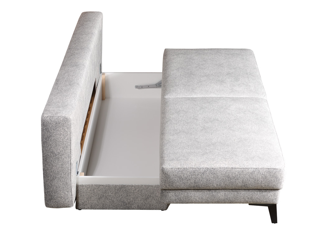 Graues Schlafsofa mit geöffneter Bettkastenfunktion