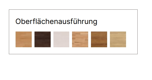 Oberflächenausführungen von sechs Farben in tabellenform vor weißem hintergrund