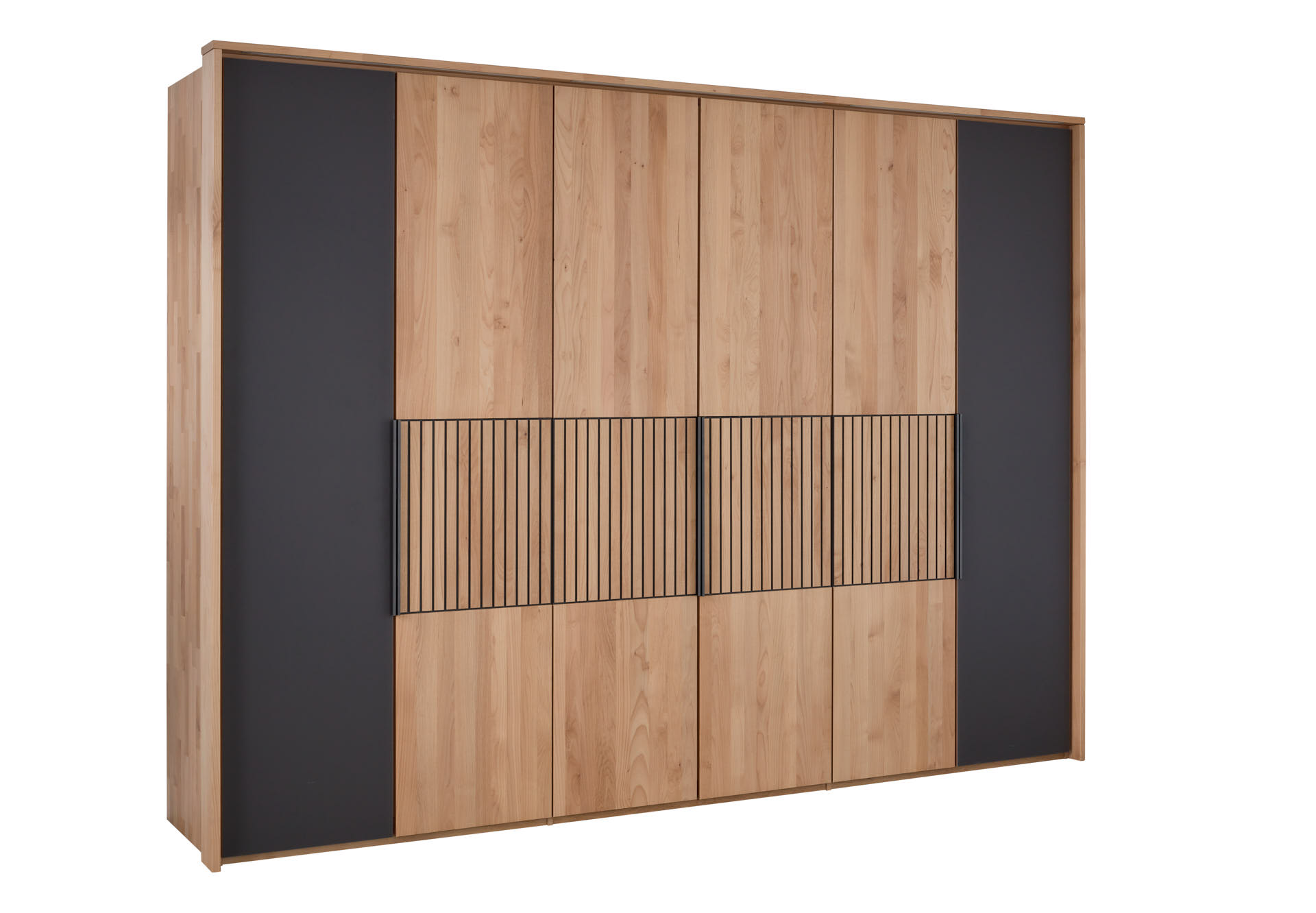 Großer Holzkleiderschrank mit schwarzen vertikalen Streifen und integrierten Griffen