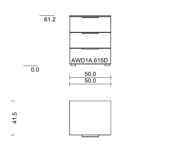 Maßzeichnung eines Nachttisches mit drei Schubladen vor weißem Hintergrund