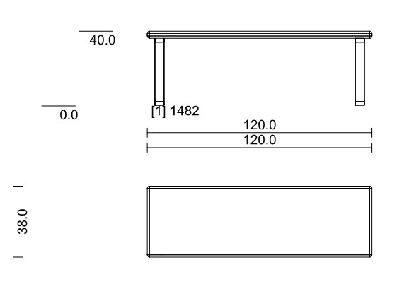 Maßzeichnung einer Bank vor weißem Hintergrund