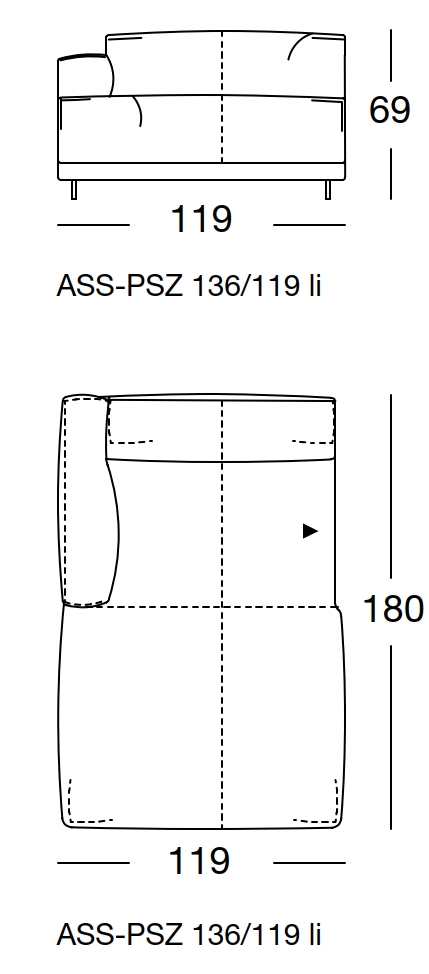 Maßzeichnung eines Sofaelements vor weißem Hintergrund freistil Rolf Benz 136