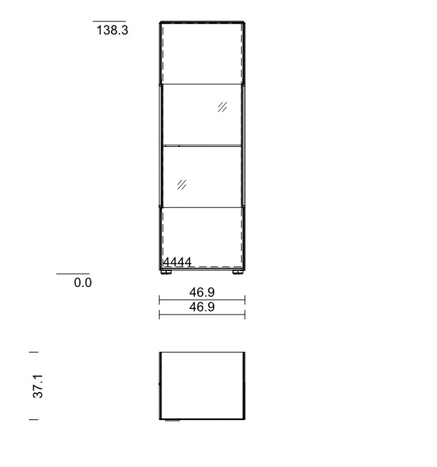 Maßzeichnung einer kleinen Vitrine vor weißem Hintergrund