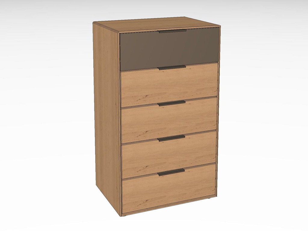 Ein moderner Holzschrank mit fünf Schubladen, ideal zur Aufbewahrung und für ein stilvolles Wohnambiente.