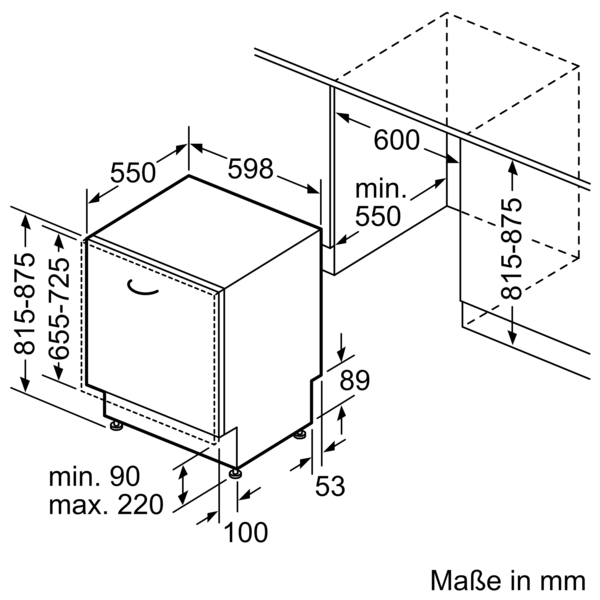 Die technische Zeichnung zeigt die genauen Maße des Geschirrspülers in Millimetern, einschließlich der minimalen und maximalen Einbauhöhe.