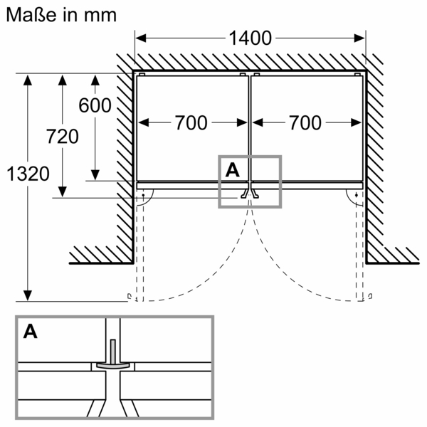Technische Zeichnung einer Doppeltür mit detaillierten Maßen in Millimetern, einschließlich Diagramm einer Schnittansicht mit Abschnitt A.