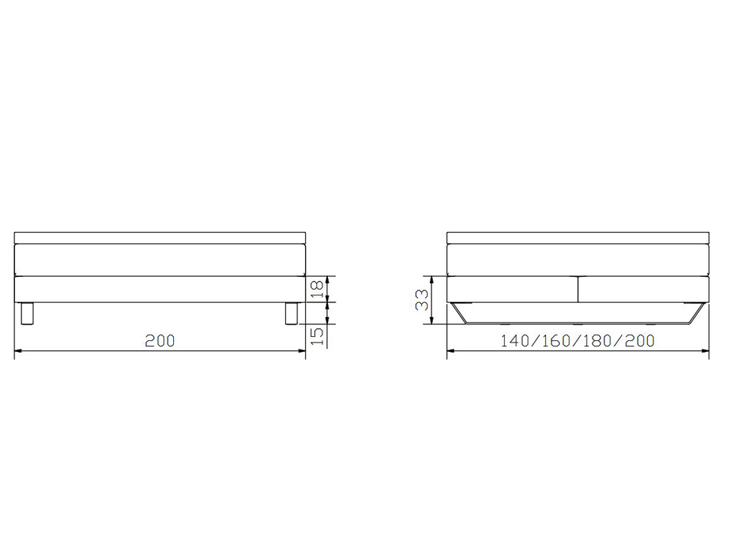 Zwei schematische Zeichnungen, die verschiedene Maße eines Boxspringbetts darstellen, einschließlich der Höhe und Länge.