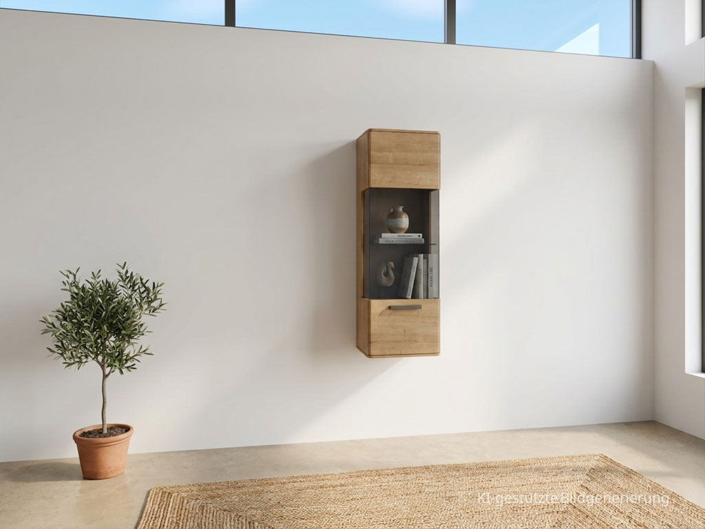 Moderne braune Hängevitrine mit markantem Griff stilvoll dekoriert in einem modernen Zimmer, Bild KI generiert