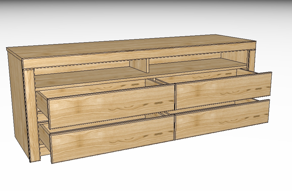 Ein moderner Holzschrank mit mehreren offenen Schubladen, ideal für Wohnzimmer oder Büro.