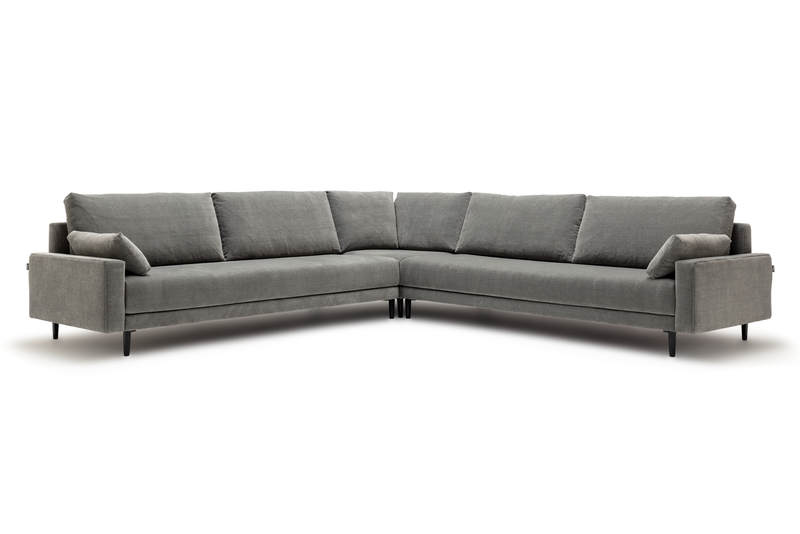 Modernes modulares Ecksofa mit grauem Stoffbezug und Füßen aus schwarzem Metall
