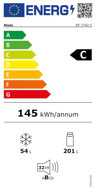 Das Energielabel für einen Miele KF 7742 C Kühlschrank. Es zeigt die Energieeffizienzklasse C, einen jährlichen Energieverbrauch von 145 kWh/annum, ein Gefriervolumen von 54 L, ein Kühlvolumen von 201 L und einen Geräuschpegel von 32 dB.