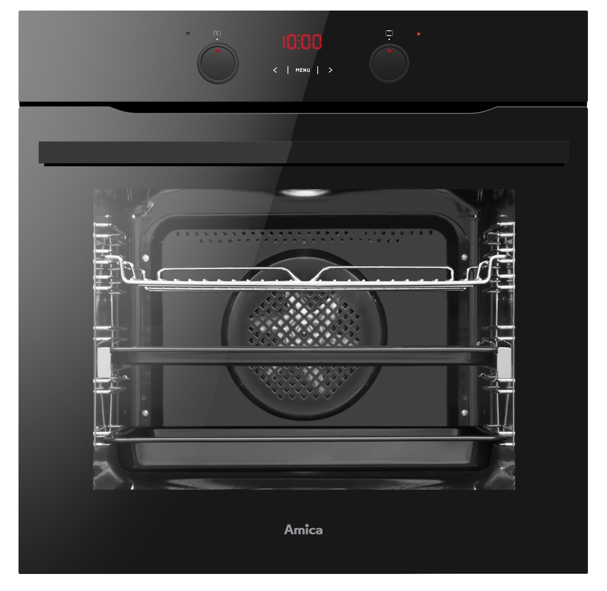 Vorderansicht des geschlossenen Backofens mit eingeschalteter Innenbeleuchtung, die das Zubehör sichtbar macht.