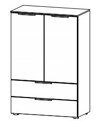 Illustration einer Kommode mit zwei Schubladen und zwei Türen vor weißem Hintergrund