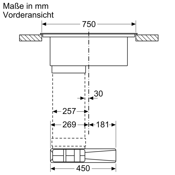Technische Zeichnung des Beckens, Breite 750 mm, Höhe 450 mm, detaillierte Maße in mm