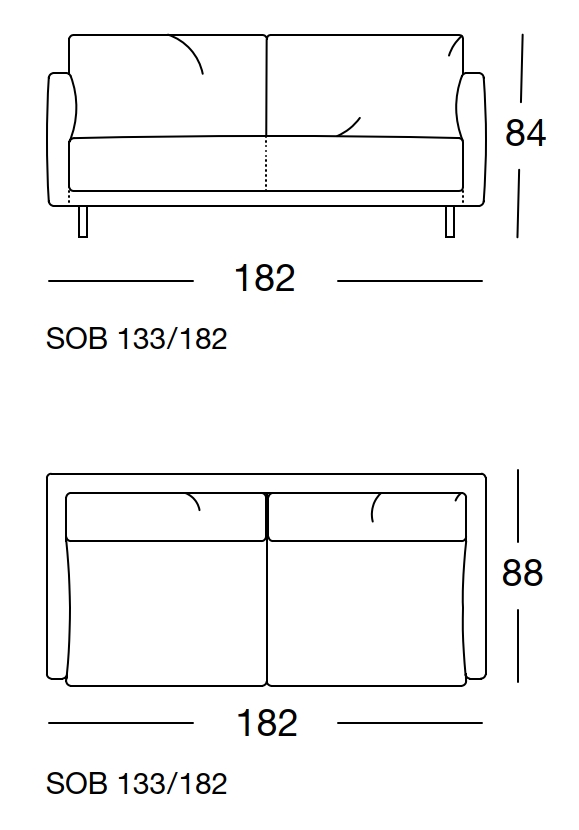 Maßzeichnung eines Sofaelements vor weißem Hintergrund freistil Rolf Benz 133