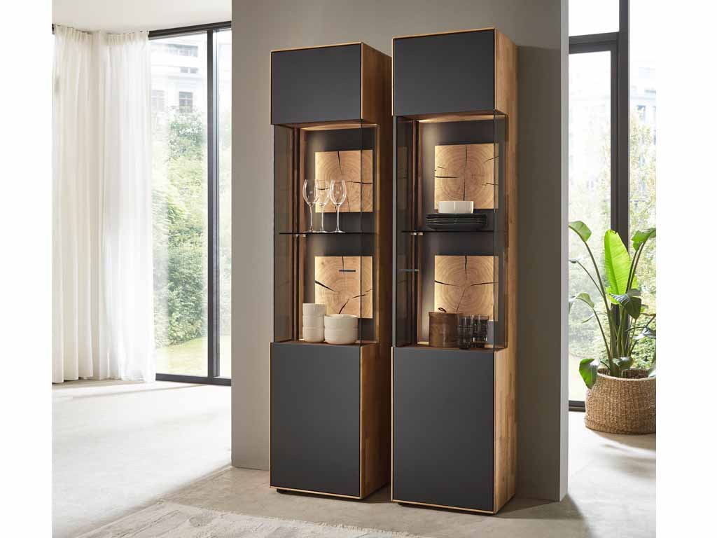 Wöstmann WM 2410 - Vitrine | Type 6443/6444 | Lack und Wildeiche massiv | Hirnholzakzent Zwei moderne Vitrinenschränke aus Holz mit Glasfront in einem Wohnzimmer mit großen Fenstern und Pflanzen
