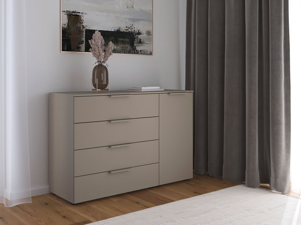 graue Kommode mit vier Schubladen und einer Drehtür stilvoll dekoriert in einem modernen raum