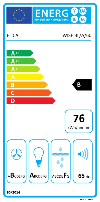 Energieeffizienzetikett der Dunstabzugshaube Elica WISE BL/A/60, Energieklasse B, jährlicher Energieverbrauch 76 kWh, Geräuschpegel 65 dB.