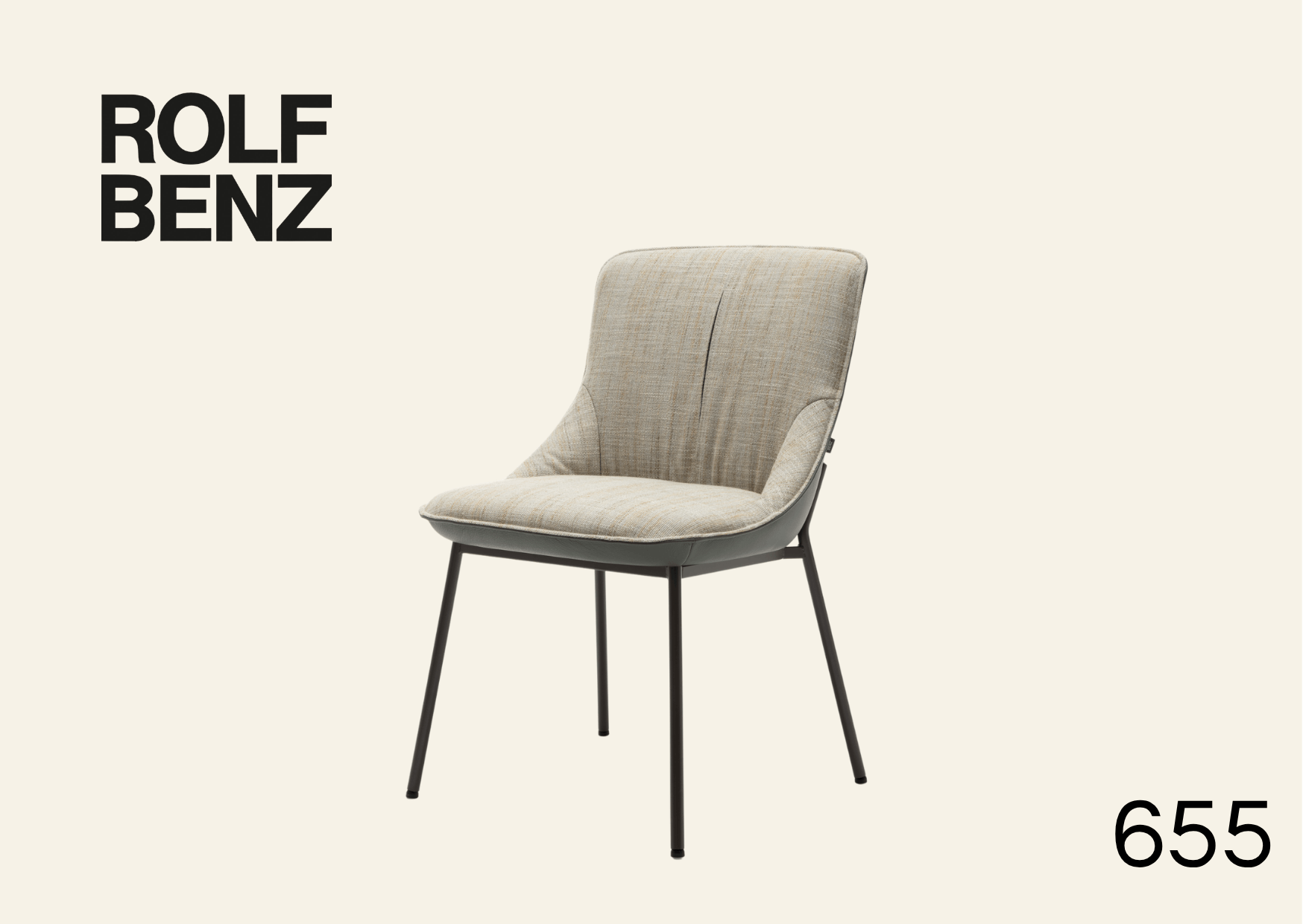 heller Polsterstuhl ohne Armlehne. Aufschrift Bild: Rolf Benz 655.