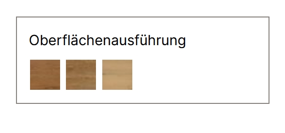 drei Oberflächenausführungen von verschiedenen Holzfarben in Tabellenform vor weißem Hintergrund