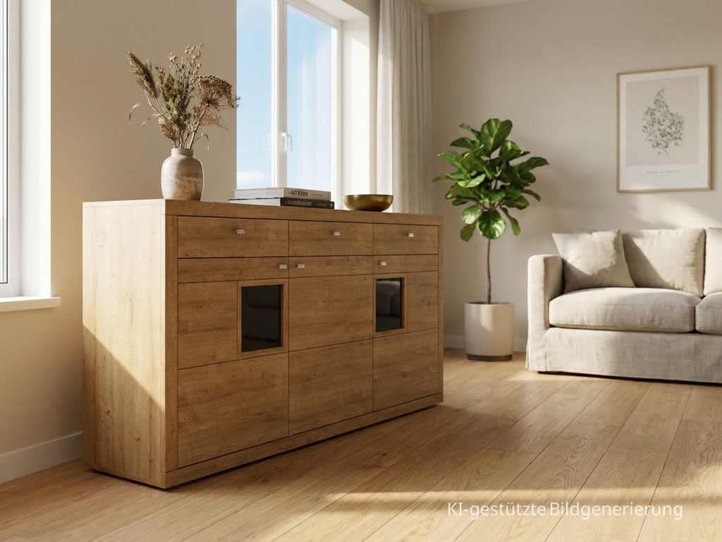 modernes braunes Highboard stilvoll dekoriert in einem hellen Raum, Bild KI generiert