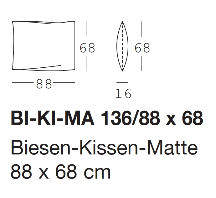 Technische Zeichnung mit Maßen für die Biesen-Kissen-Matte, 88 x 68 cm