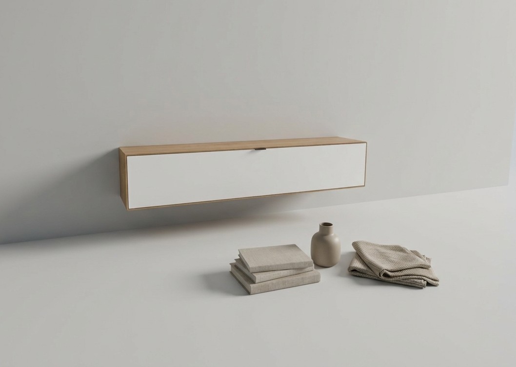 modernes weiß braunes Lowboard stilvoll dekoriert in einem hellen Zimmer