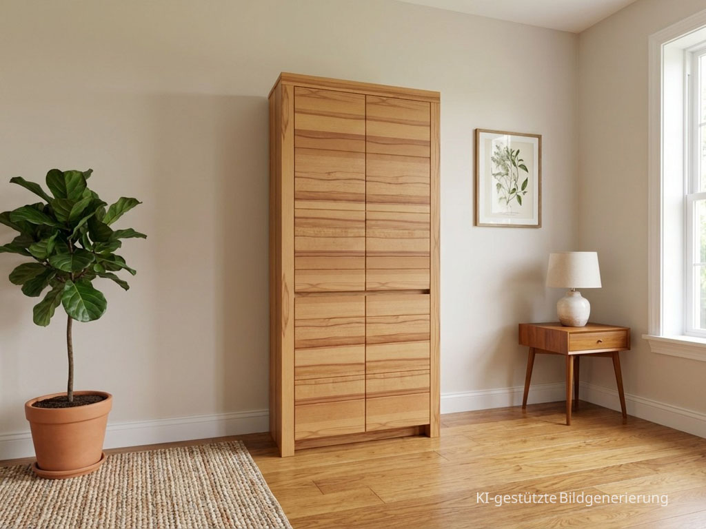 moderner brauner Holzschrank stilvoll dekoriert in einem hellen Raum, Bild KI generiert