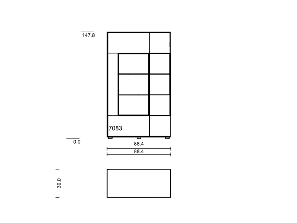 Technische Zeichnung eines Schrankmoduls mit den Maßen 147,8 cm Höhe, 88,4 cm Breite und 39 cm Tiefe, inkl. interner Unterteilungen