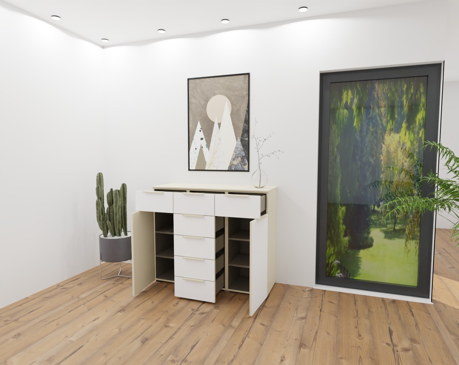 beige, weiße kommode mit zwei türen und sieben Schubladen geöffnet stilvoll dekoriert in einem modernen zimmer