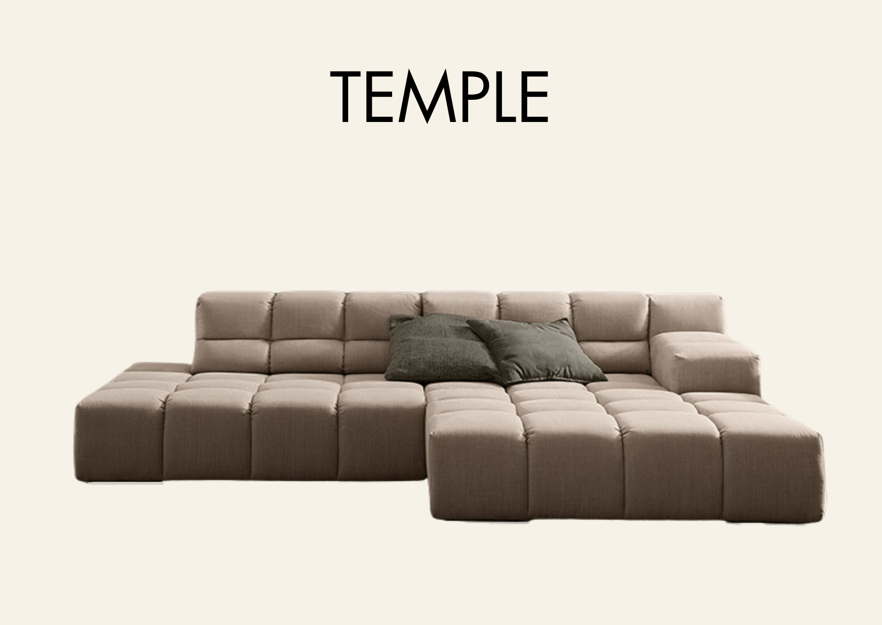 beige Couch mit Steppmuster und Aufschrift "Temple"