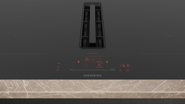 Siemens Induktionskochfeld, modernes Design, Touch-Bedienfeld und integrierter Dunstabzug