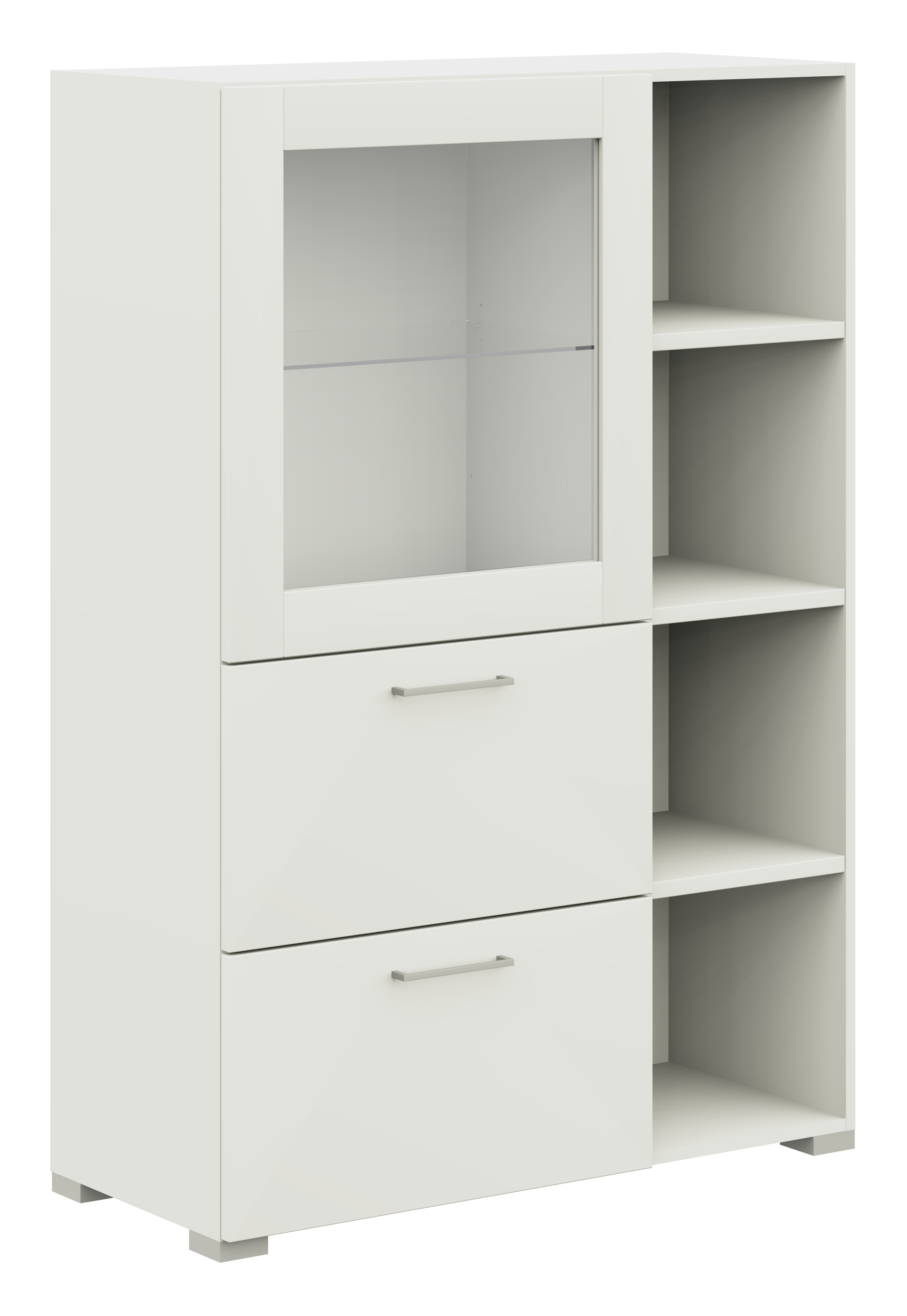 Röhr Bush cocoon - Vitrine mit 1 Tür und 2 Schubladen | weiß | B: 100 cm Moderner weißer Schrank mit Glastür, zwei Schubladen und offenen Fächern, ideal für Wohnzimmer oder Büro