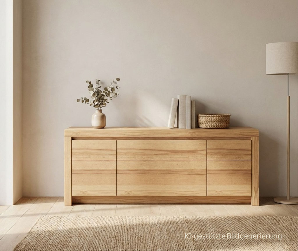 braunes Lowboard stilvoll dekoriert in einem modernen Zimmer, Bild KI generiert