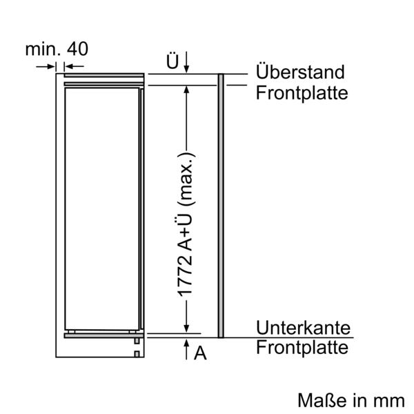 Schema zur Höhe des Geräts und der Küchenfrontplatte im Einbau.