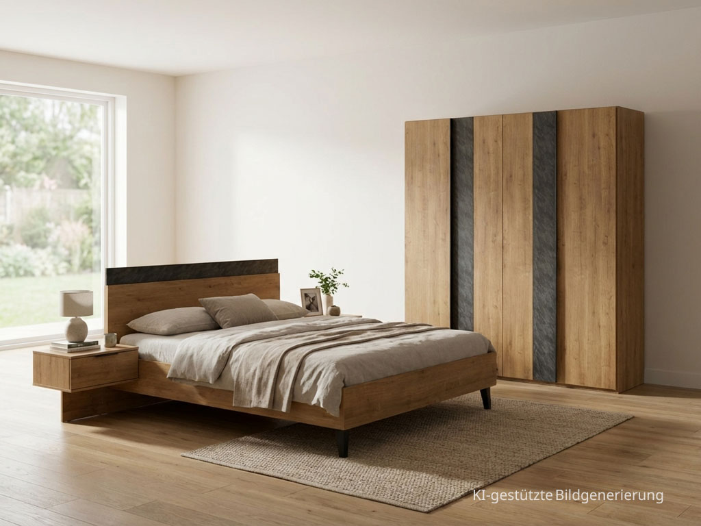 modernes braunes Schlafzimmer mit Bett und Kleiderschrank stilvoll dekoriert in einem hellen Raum mit Holzboden und großem Fenster, Bild KI generiert