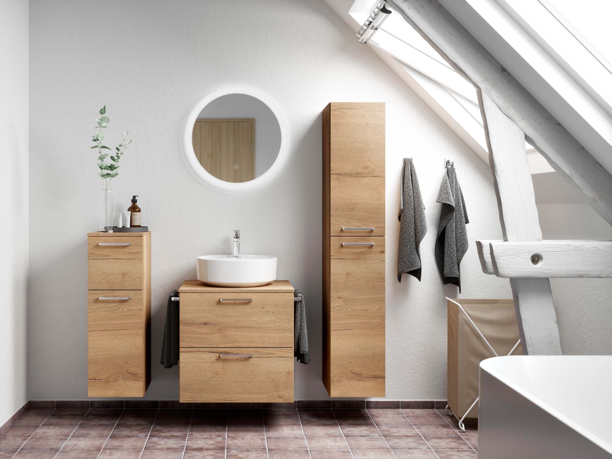 Badezimmermöbel-Set 3 Schränke braun mit Waschtisch und Spiegel nobilia 