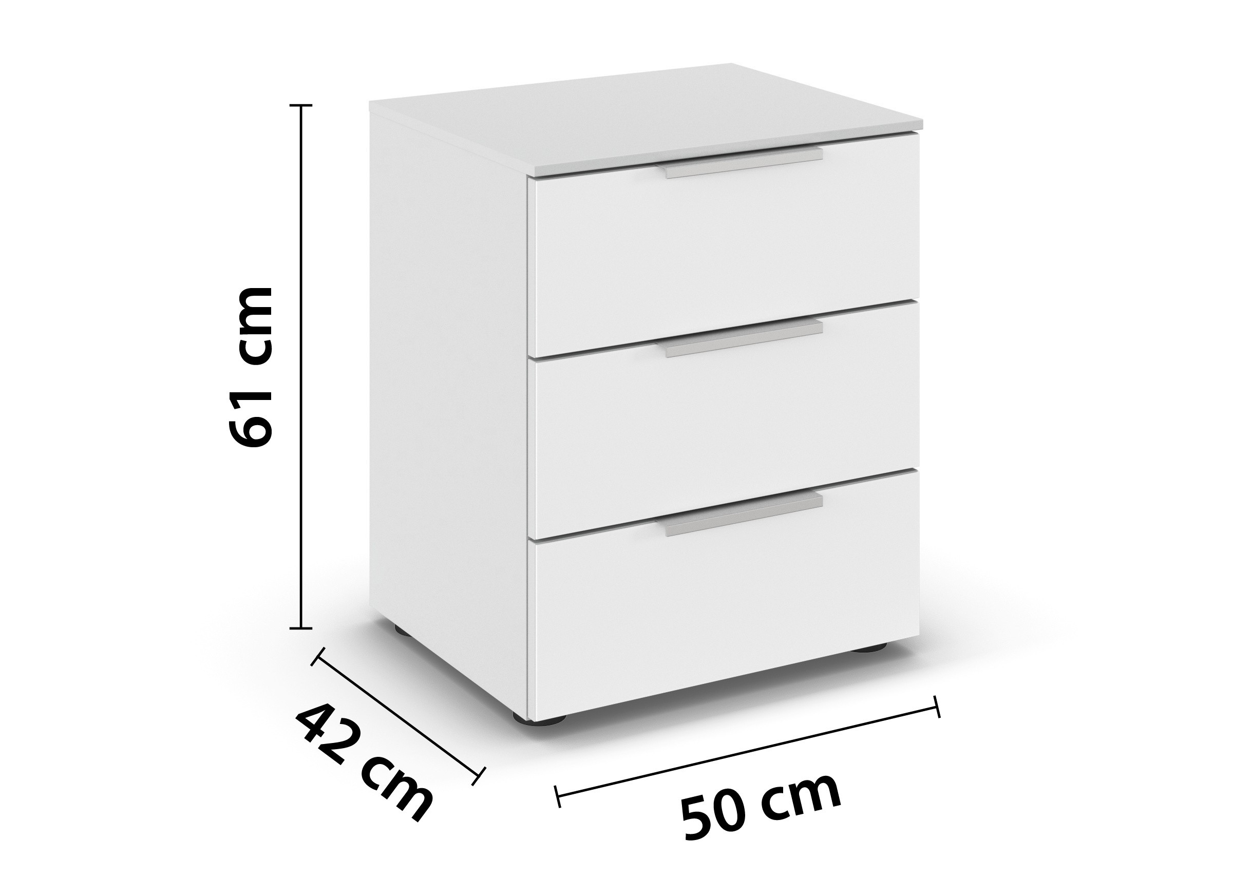 weißer Nachttisch mit drei Schubladen und Bemaßung vor weißem Hintergrund