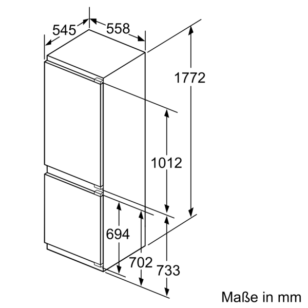 Schematische Darstellung eines Kühlschranks mit Höhe 1772 mm, Breite 558 mm und Tiefe 545 mm, inklusive spezifischer Innenmaße