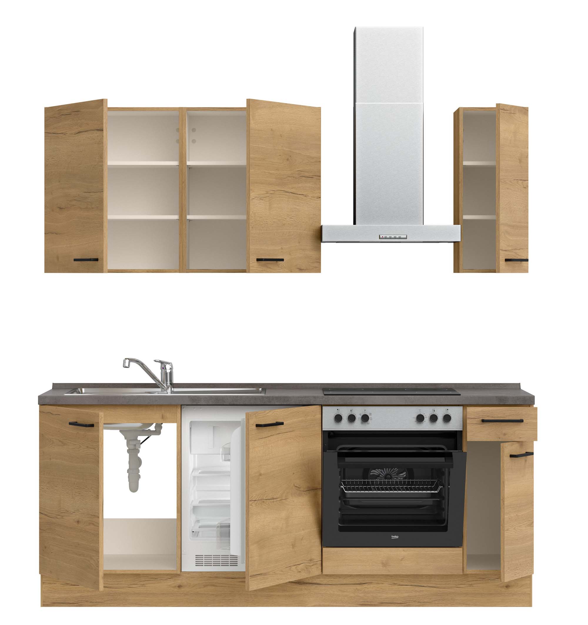 Moderne Küchenzeile mit Holzschränken, Spüle, Backofen und Dunstabzugshaube