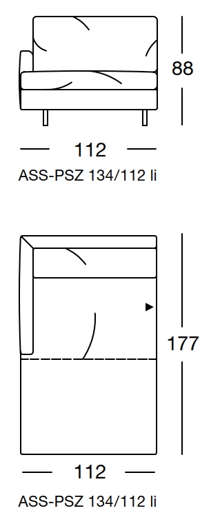 Maßzeichnung eines Sofaelement vor weißem Hintergrund freistil Rolf Benz 134 