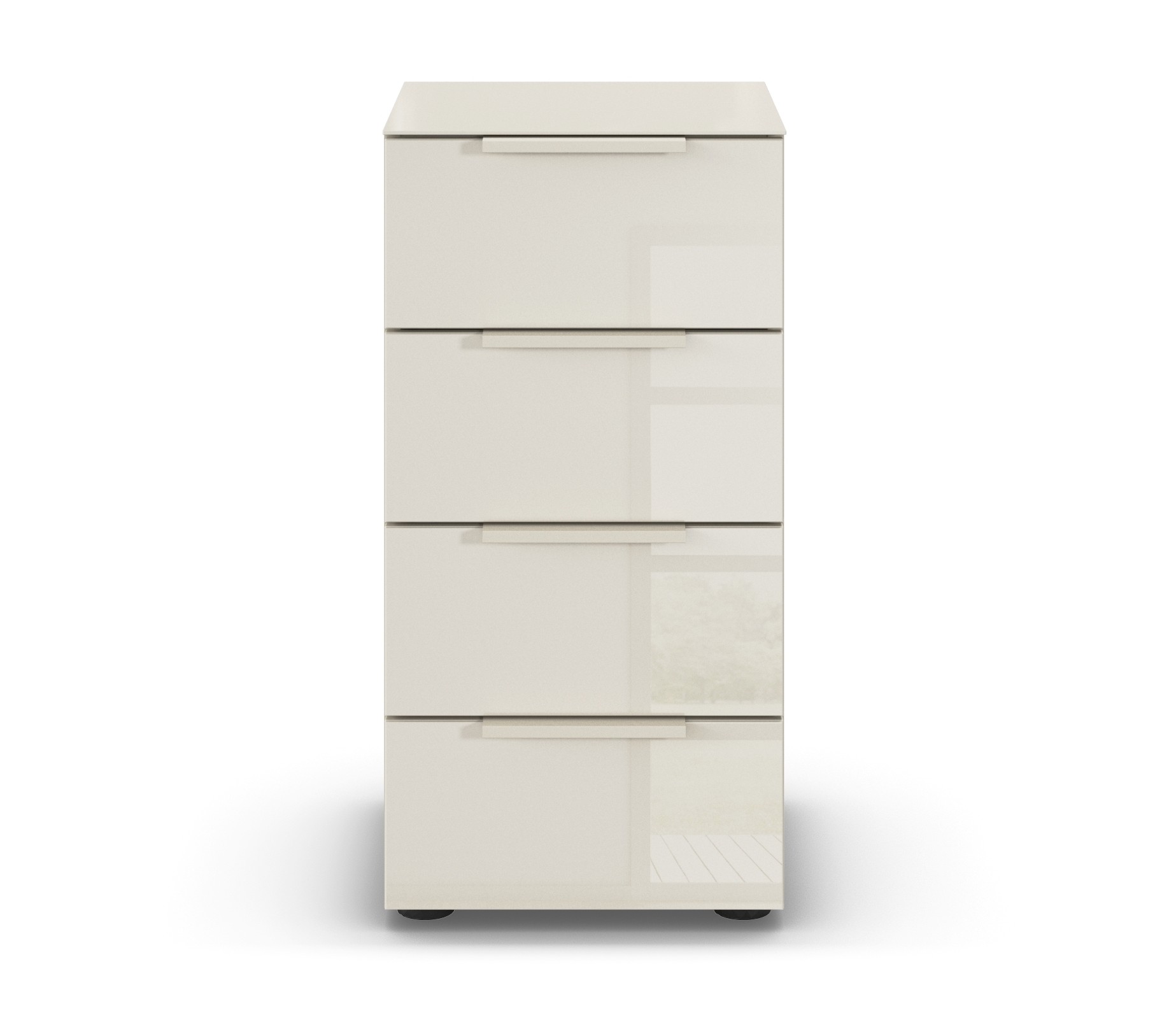 weißer Nachttisch mit vier Schubladen vor weißem Hintergrund