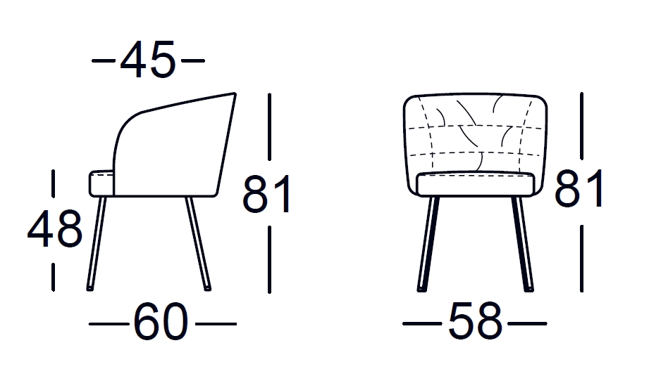 Skizze mit Maßen eines modernen Lounge-Stuhls, 81 cm hoch, 60 cm tief, 58 cm breit, Sitzhöhe 48 cm.