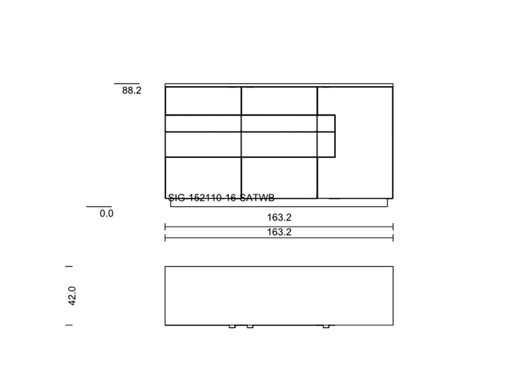 Technische Zeichnung eines Möbelstücks mit den Maßen 88,2 x 163,2 cm, inkl. Frontansicht und Oberansicht