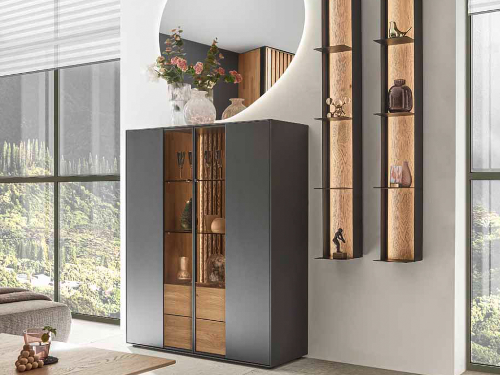 hartmann Selino - Highboard 7111 | Birke / Kerneiche massiv, Lack anthrazit | B: 112,0 cm Stilvoll eingerichtetes Wohnzimmer mit einem modernen Schrank, einer Glasvitrine und dekorativen Wandregalen