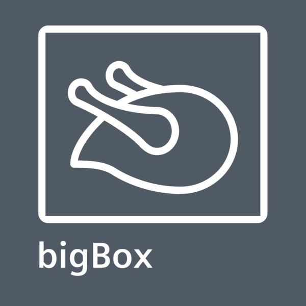 Symbol von Hähnchenschenkeln in einer BigBox, weiß auf grauem Hintergrund