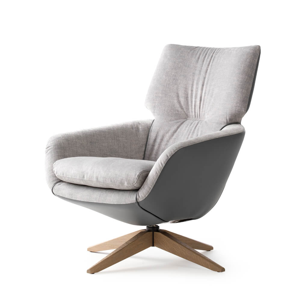 Bequemer Sessel mit grauem Stoff, schwarzem Korpus und Holzfuß, ideal für Wohnzimmer