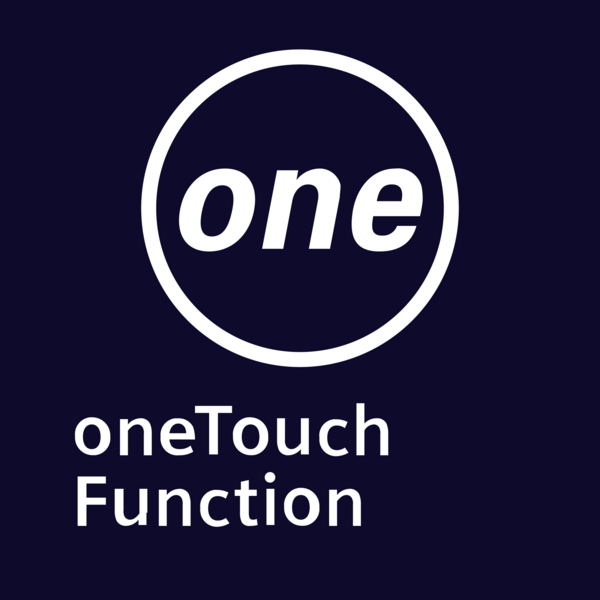 Ein stilisiertes Logo mit der Aufschrift 'one' in einem Kreis darüber und 'oneTouch Function' darunter, alles in Weiß auf einem dunkelblauen Hintergrund